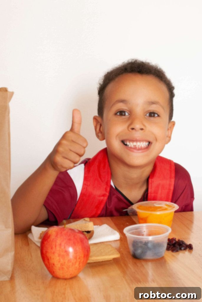 Safe school lunches for food allergies with a child giving a thumbs up