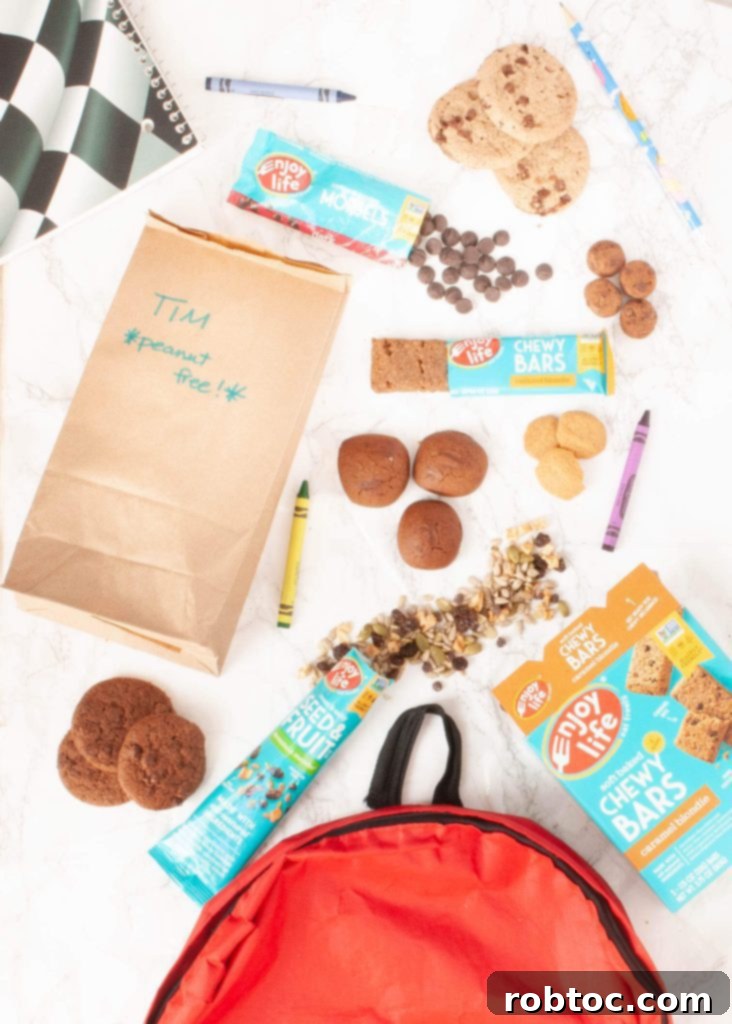 A vibrant selection of favorite Enjoy Life products for school lunches, including cookies, snack packs, and chocolate, perfectly arranged on a school-themed background.