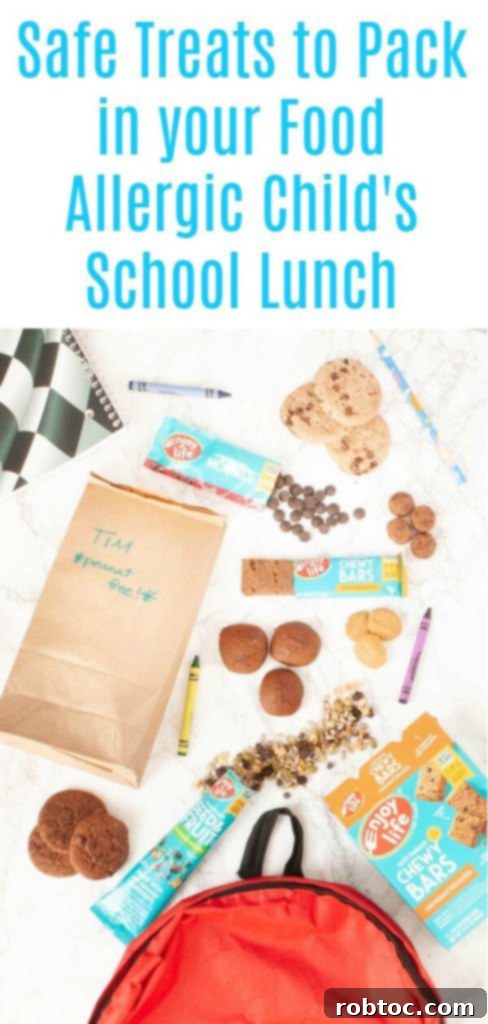 A visual reminder to pin this guide: safe treats to pack in your food allergic child's school lunch, featuring delicious Enjoy Life products.