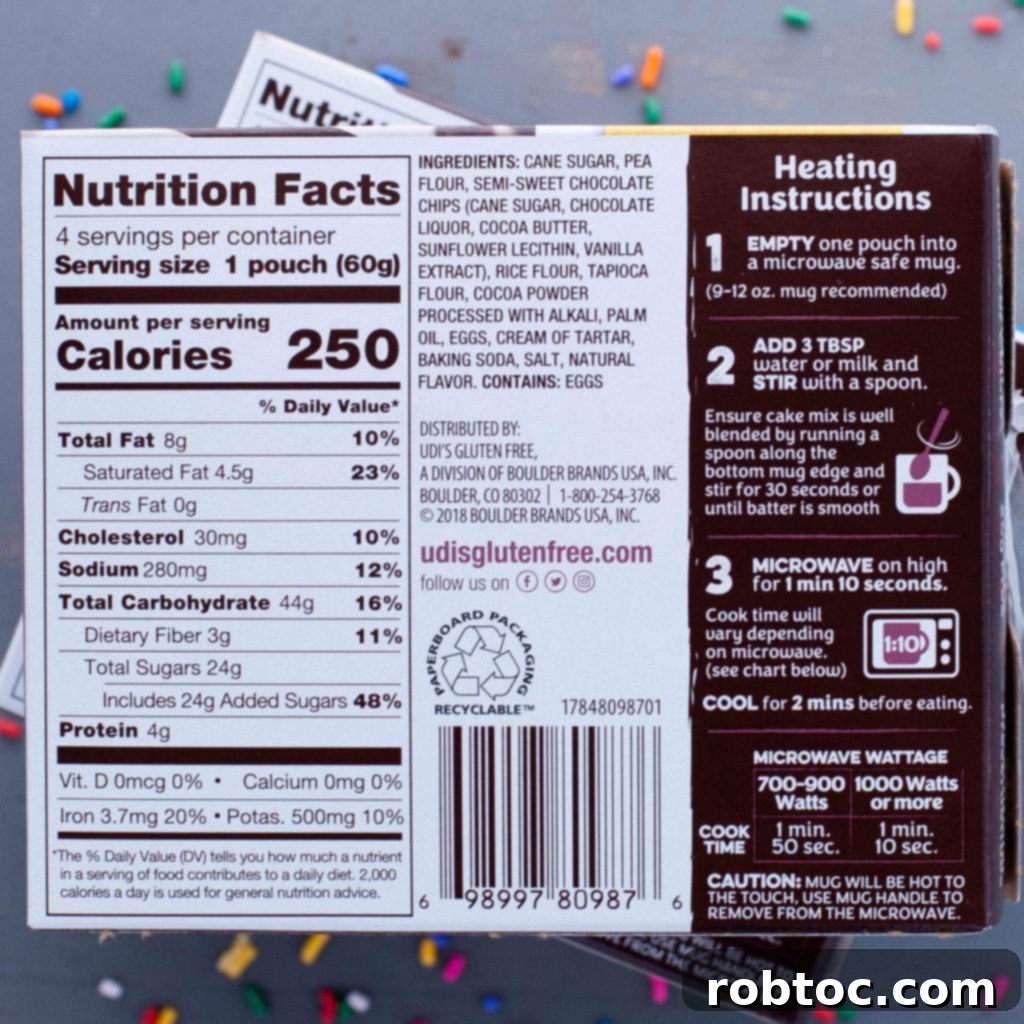 Udi's Gluten-Free Dairy-Free Mug Cake Bliss 7 Ingredients and Nutrition Label for Udi's Chocolate Mug Cake