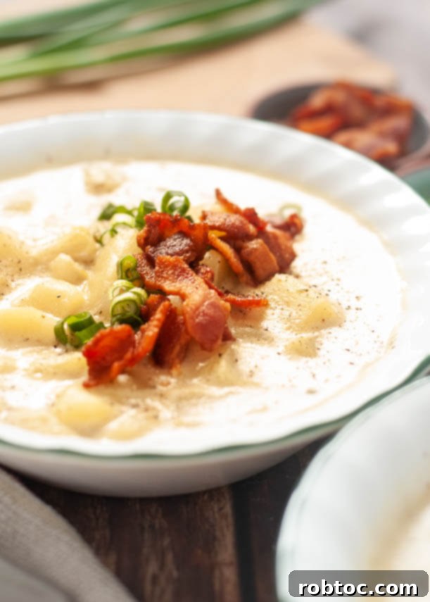Creamy Instant Pot Loaded Potato Soup Dairy-Free Gluten-Free and Vegan 3 Delicious vegan potato soup in a bowl with green onions and bacon crumbles