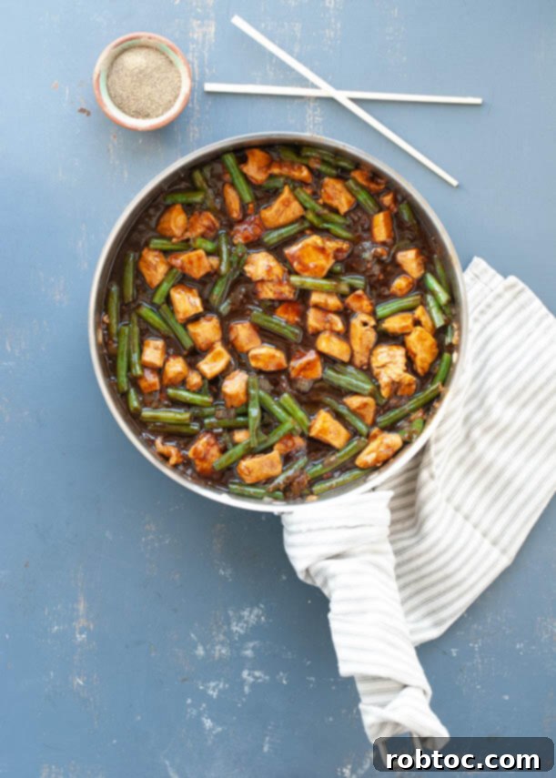 Black Pepper Chicken & Green Beans (Gluten-Free) 3 Closeup of Black Pepper Chicken and Green Beans stir-fry, showing the rich dark glaze