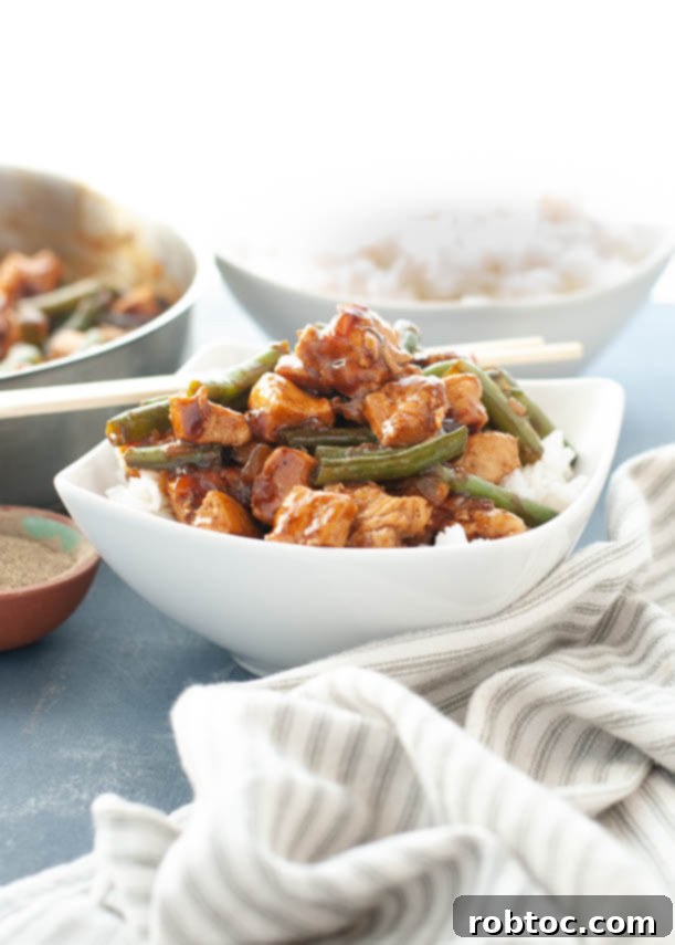Black Pepper Chicken & Green Beans (Gluten-Free) 5 A plate of 30-minute Asian Black Pepper Chicken dinner recipe with green beans, served with white rice and chopsticks