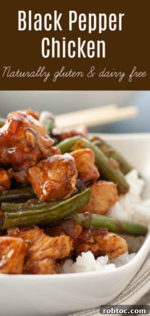 Black Pepper Chicken & Green Beans (Gluten-Free) 8 Pinterest graphic featuring Gluten-Free Black Pepper Chicken and Green Beans with bold text overlay