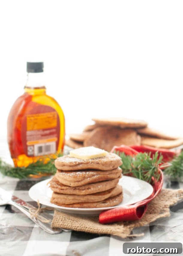 Plate of allergy-friendly gingerbread pancakes topped with powdered sugar and berries