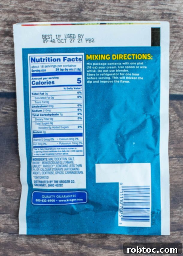 Creamy 3-Ingredient Vegan Ranch Dip 4 The back of a Kroger Ranch Dip Mix packet showing dairy-free ingredients for vegan ranch.