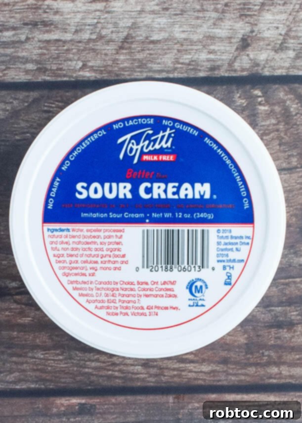 Creamy 3-Ingredient Vegan Ranch Dip 5 Tofutti Better Than Sour Cream package showing ingredients for dairy-free vegan ranch.
