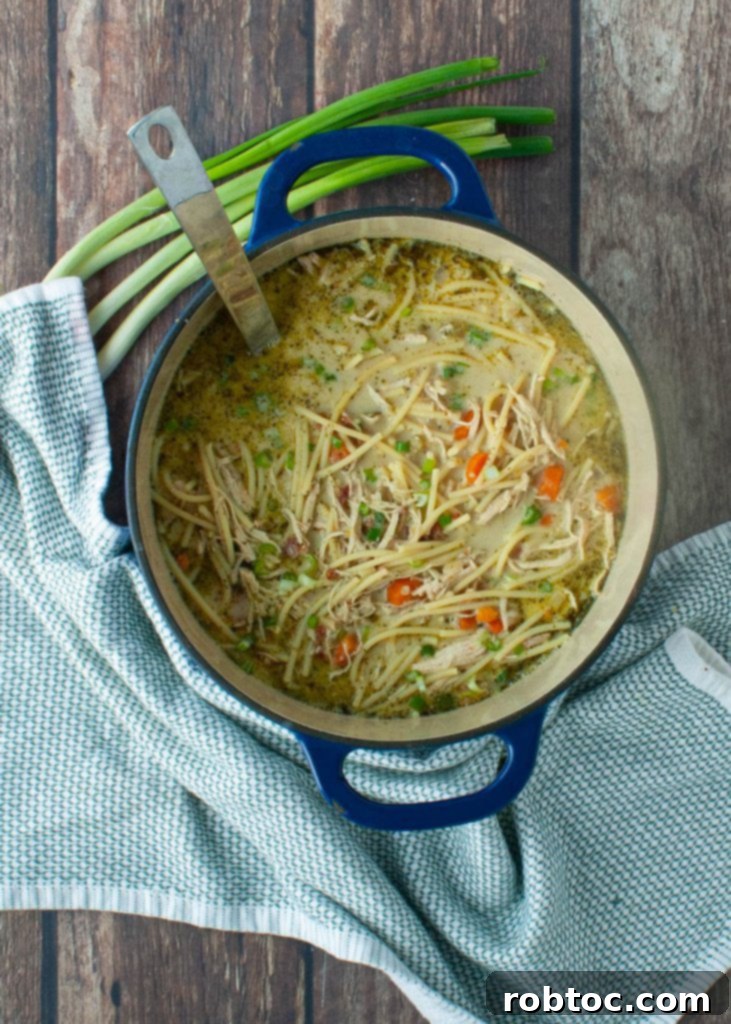 Irresistible Dairy-Free Chicken Noodle Soup Instant Pot and Stovetop 5 gluten-free-dairy-free-crack-chicken-noodle-soup-in-a-dutch-oven-overhead