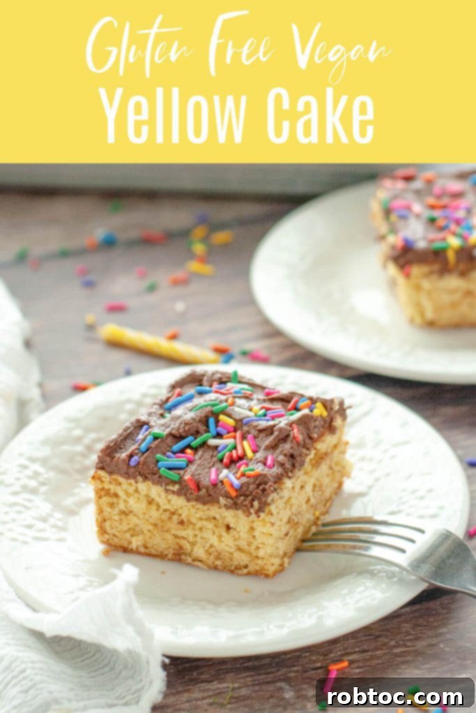 Pinterest optimized image for gluten-free vegan yellow cake recipe featuring a close-up of a cake slice.