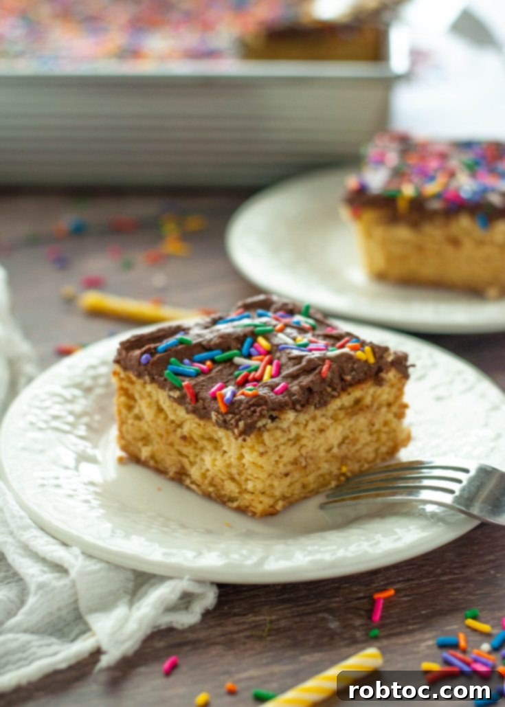 Gluten-free vegan yellow cake with chocolate frosting and sprinkles, perfect for a Pinterest pin.