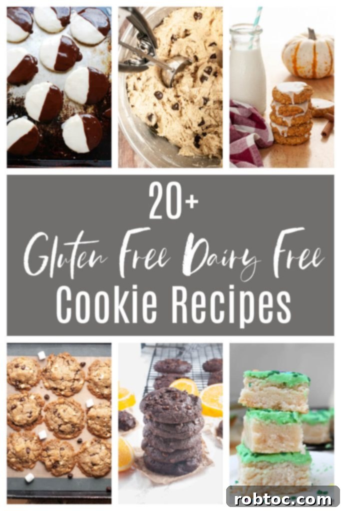 A vibrant collage showcasing various gluten-free and dairy-free cookie recipes, including chocolate chip, s'mores, sugar cookies, and more, appealing to those with dietary restrictions.