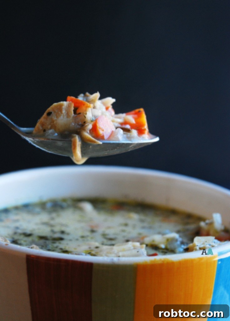 Delicious Gluten and Dairy Free Chicken, Mushroom and Wild Rice Soup 3 Close-up of creamy Gluten-Free Chicken, Mushroom & Wild Rice Soup with fresh herbs, showcasing its rich texture and wholesome ingredients.