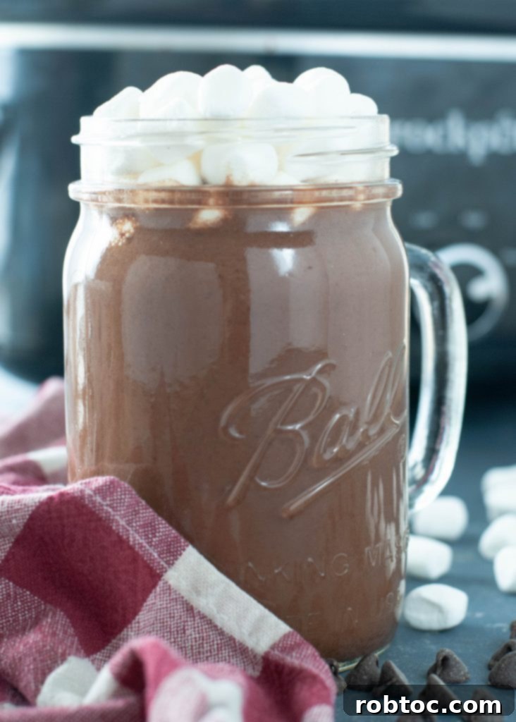 Step-by-step image of making dairy-free crock pot hot chocolate, ingredients mixing in the slow cooker.