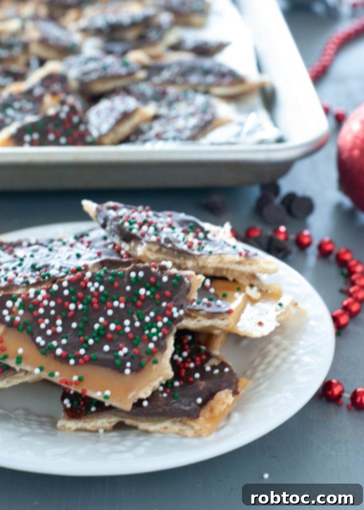 Vegan Christmas Crack on a white plate with festive sprinkles