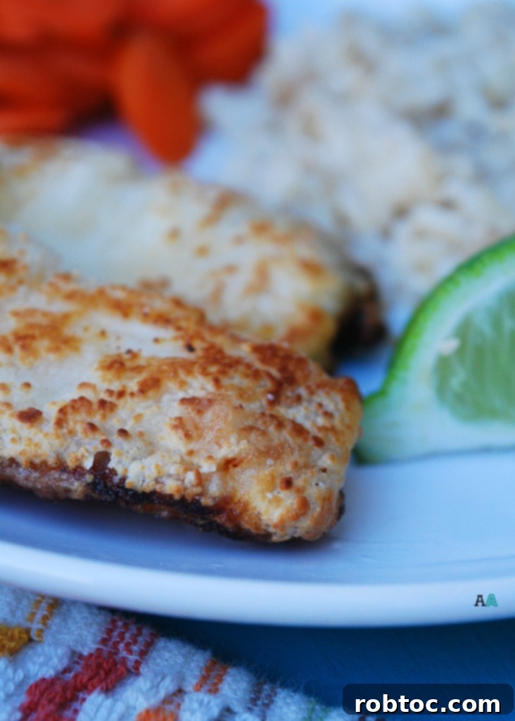 Zesty Honey Lime Tilapia 6 Close up of a single Honey Lime Tilapia fillet showing crispy crust