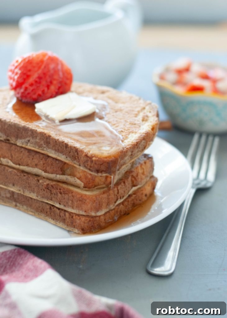 High-Protein Gluten-Free Dairy-Free French Toast 3 protein french toast that's gluten-free-edge-shot-with-syrup-dripping-down