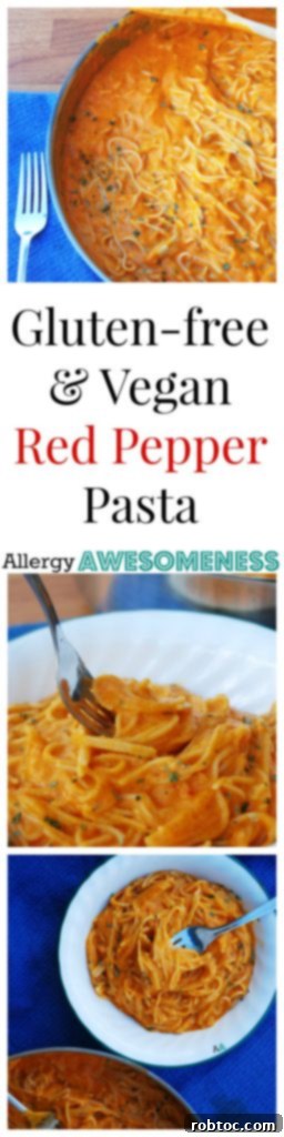 Vibrant Red Pepper Pasta Top 8 Allergen Free and Vegan 9 Pinterest graphic for Gluten-free & Vegan Red Pepper Pasta Dinner Recipe by AllergyAwesomeness.com