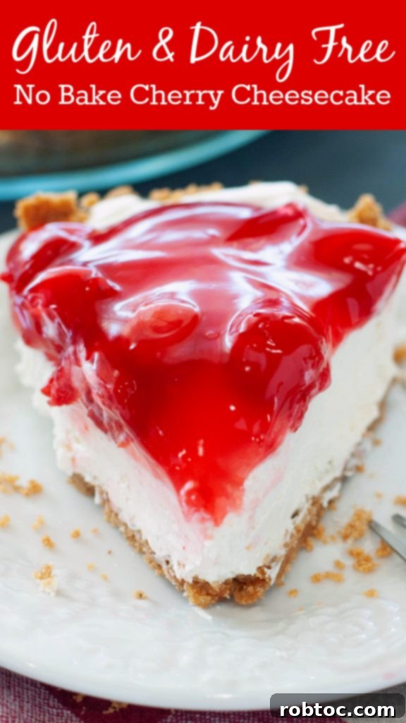 close up of dairy-free gluten-free no-bake cherry cheesecake pinterest image