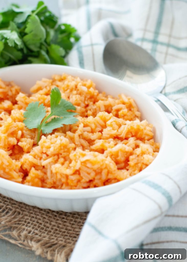 Gluten Free Dairy Free Mexican Rice Video Recipe 2 Delicious gluten-free Mexican rice served in a white dish with a fresh cilantro garnish, ready to be enjoyed.