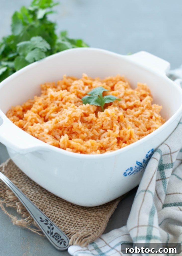 Gluten Free Dairy Free Mexican Rice Video Recipe 3 Close-up shot of fluffy Mexican rice with vibrant green cilantro garnish in a white serving dish.