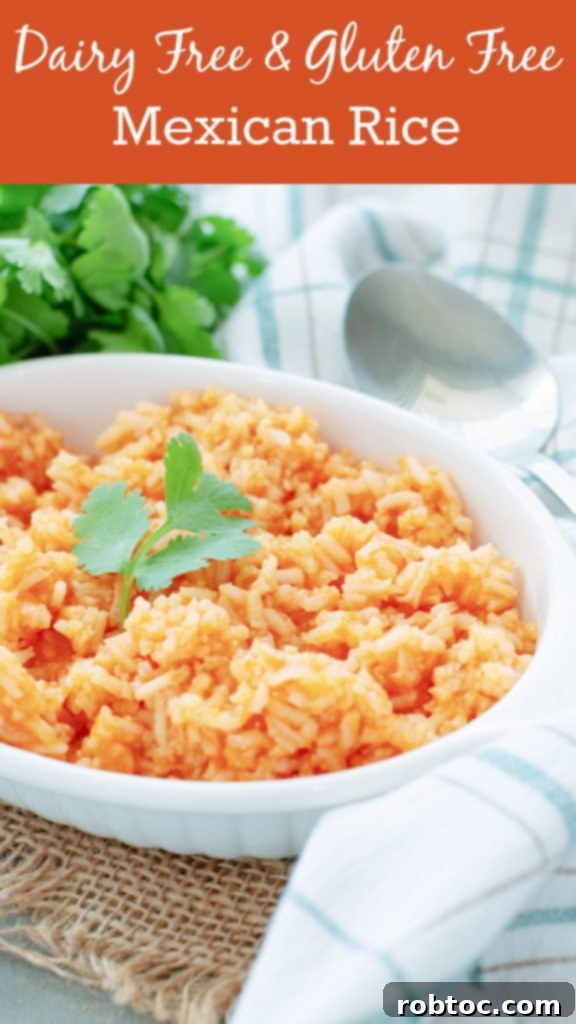 Gluten Free Dairy Free Mexican Rice Video Recipe 9 Pinterest graphic: Easy Gluten-Free Dairy-Free Mexican Rice Recipe, perfect for meal prep and family dinners.