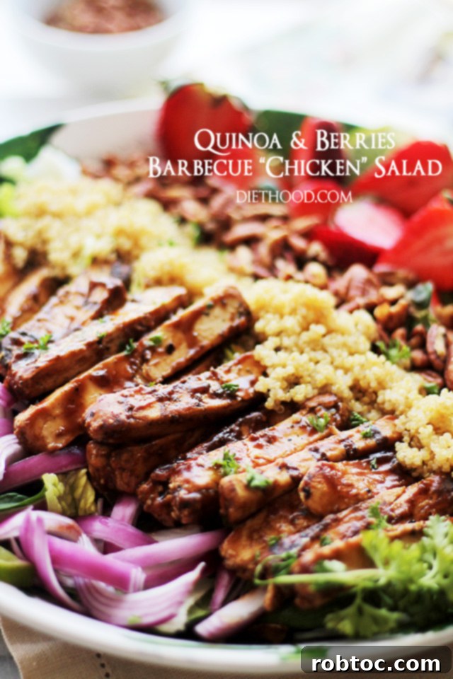 Quinoa and Berries Barbeque 'Chicken' Salad - Sweet and savory, plant-based, and allergy-friendly.
