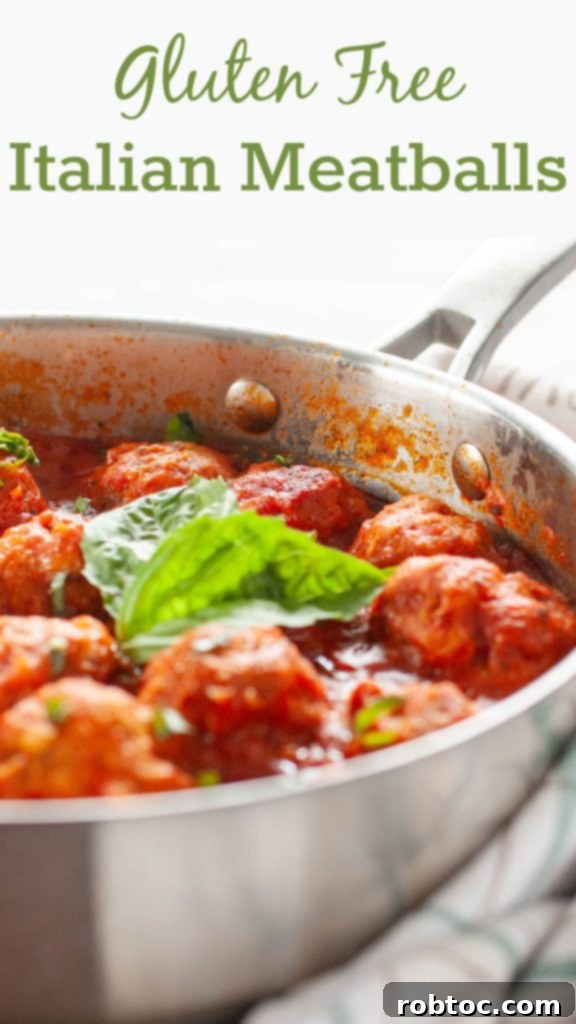 Pinterest graphic: Easy & Authentic Gluten-Free Italian Meatballs, a slow-simmered recipe