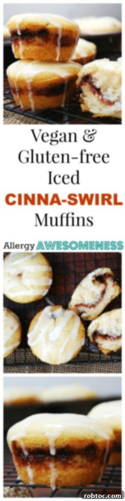 Plant-Based Gluten-Free Cinnamon Swirl Muffins 8 Logo for AllergyAwesomeness.com featuring a Cinna-Swirl Muffin, promoting vegan and gluten-free recipes.
