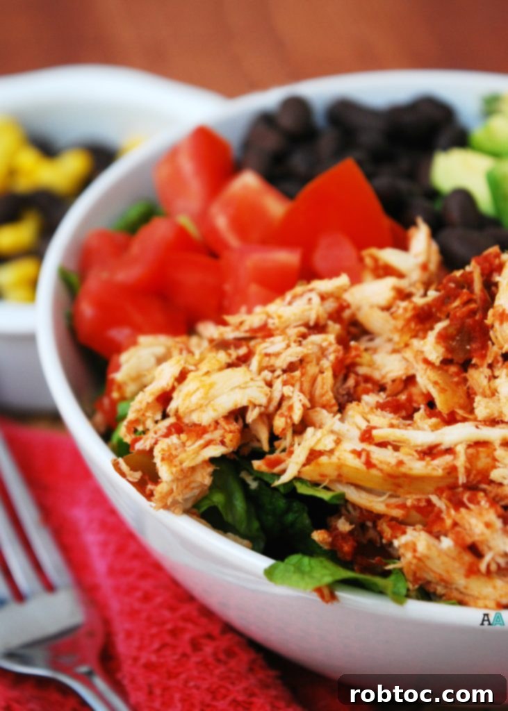 A beautifully presented slow cooker salsa chicken salad, ready to be enjoyed, highlighting its fresh and wholesome ingredients. This recipe is gluten-free and free of the top 8 allergens.
