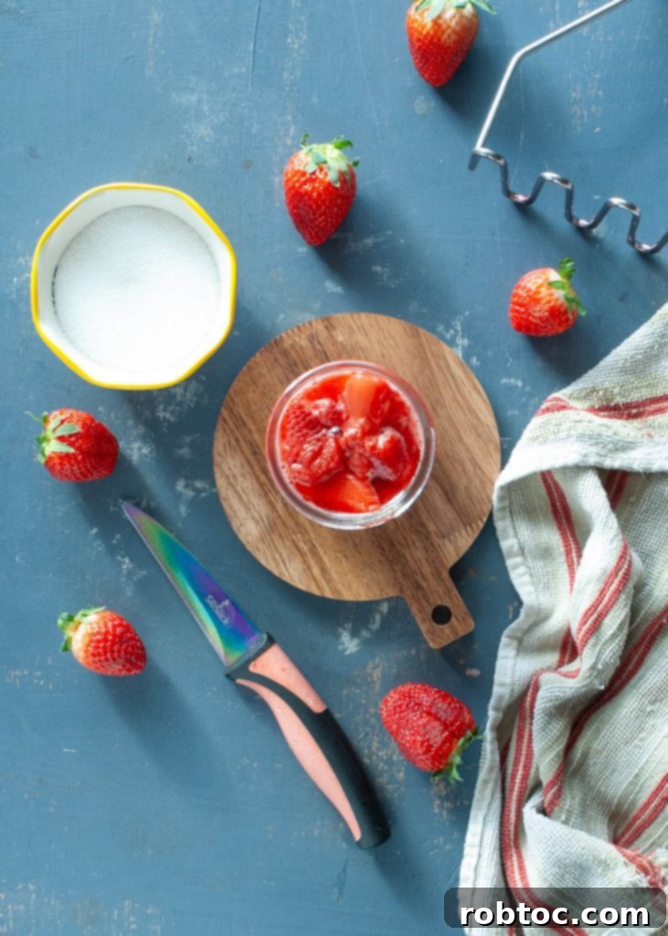 easy strawberry compote in jar from above