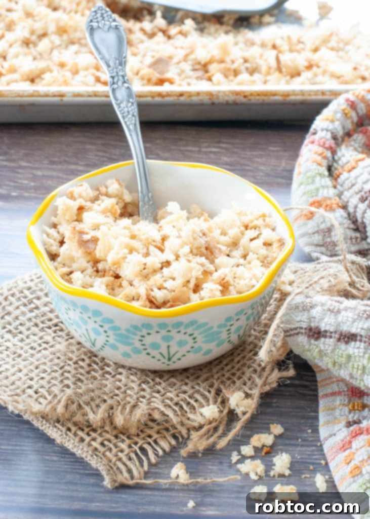Simple Homemade Gluten-Free Breadcrumbs 5 A sheet pan filled with easy-to-make gluten-free breadcrumbs, freshly baked and golden brown.