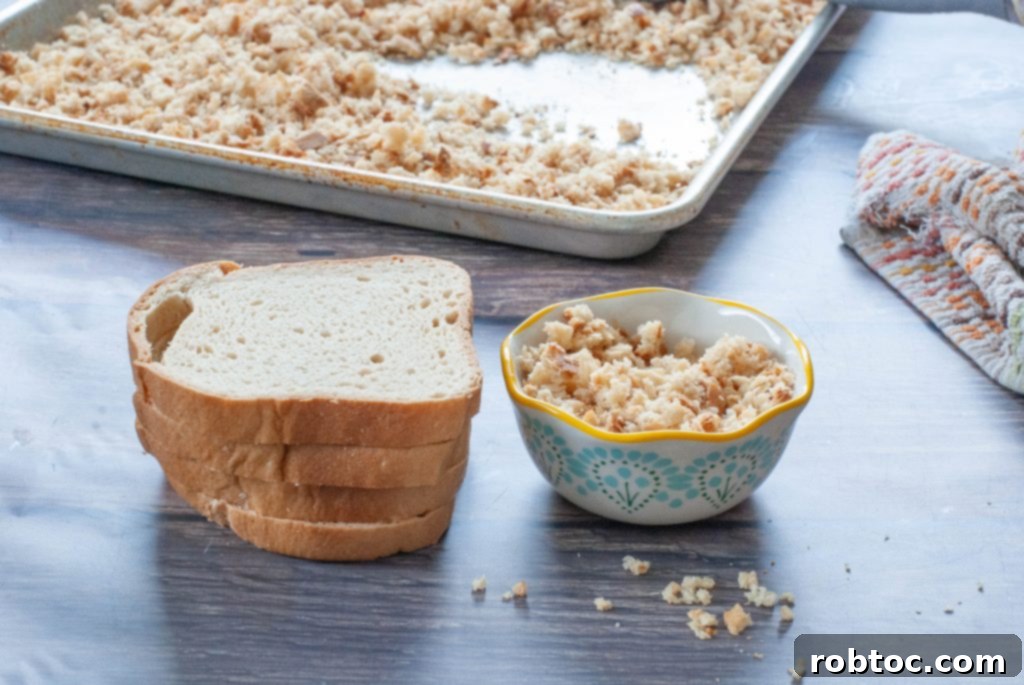 Simple Homemade Gluten-Free Breadcrumbs 6 A side-by-side comparison of sliced gluten-free bread and a bowl of homemade gluten-free breadcrumbs.