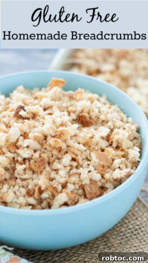 Simple Homemade Gluten-Free Breadcrumbs 9 Pinterest graphic: Homemade Gluten-Free Breadcrumbs recipe with key features like easy, healthy, and freezer-friendly.