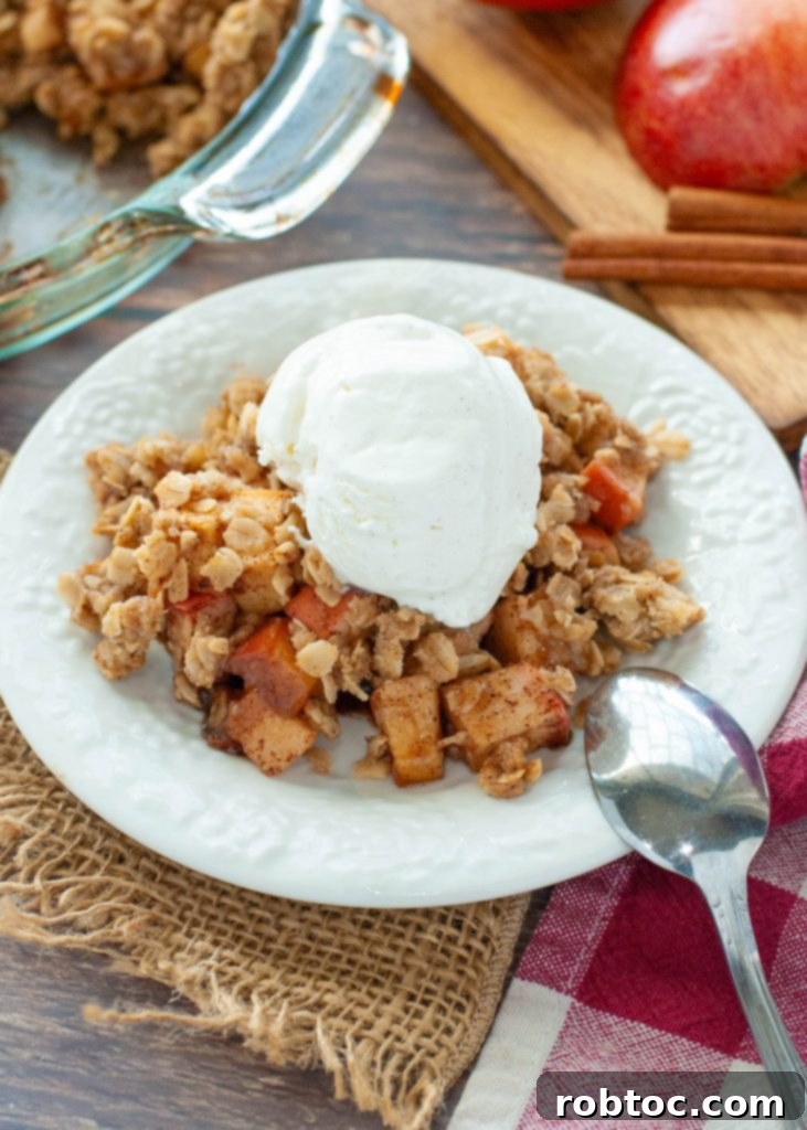 Quick and Easy Gluten Free Apple Crisp 4 Close-up of a warm gluten-free apple crisp generously topped with a scoop of melting vanilla ice cream, creating a delightful contrast of textures and temperatures.
