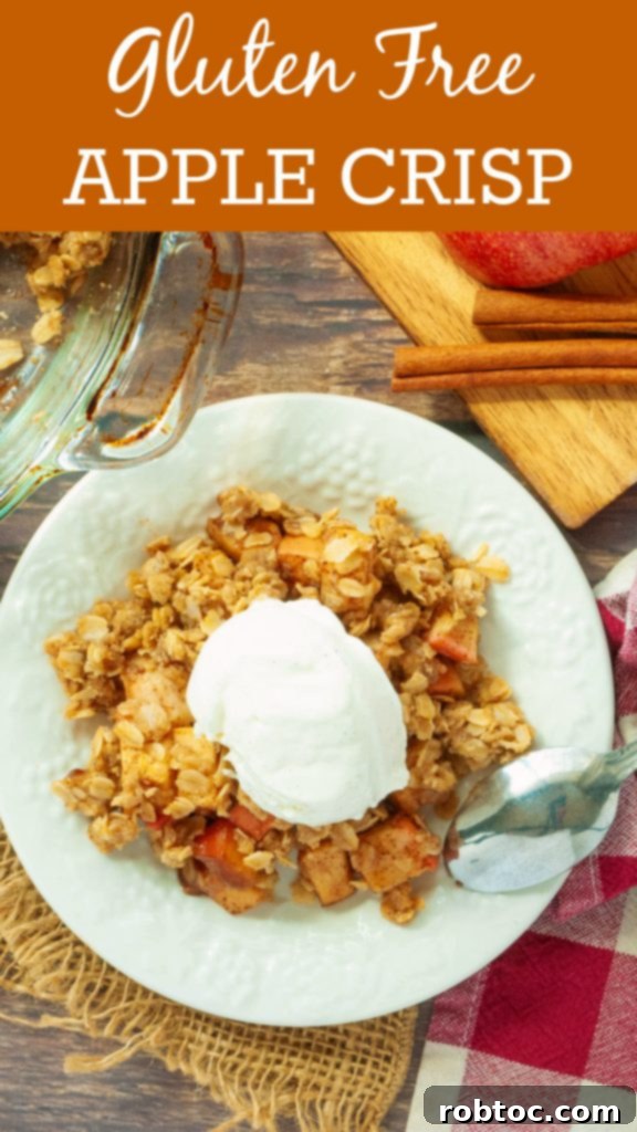 Quick and Easy Gluten Free Apple Crisp 9 Pinterest pin graphic for gluten-free apple crisp recipe by Allergy Awesomeness, featuring a delicious crisp image and text overlay.
