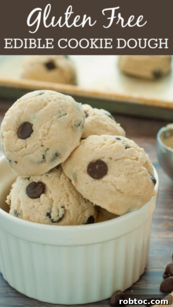 Easy Gluten Free Egg Free Edible Cookie Dough Recipe 10 gluten-free-edible-cookie-dough-pinterest-image-with-scoops-of-cookie-dough-in-a-ramekin