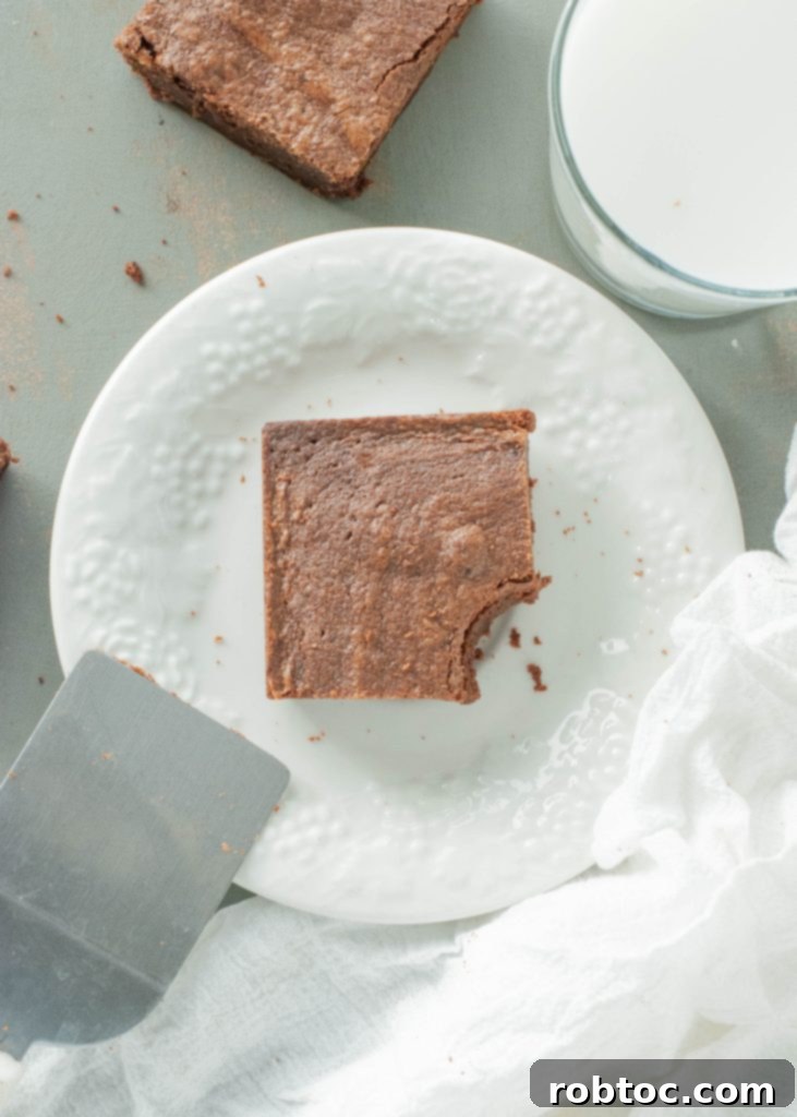 Fudgy Gluten-Free Dairy-Free Brownies 2 gluten-free-dairy-free-brownies-overhead-with-bite-taken-out-on-white-plate