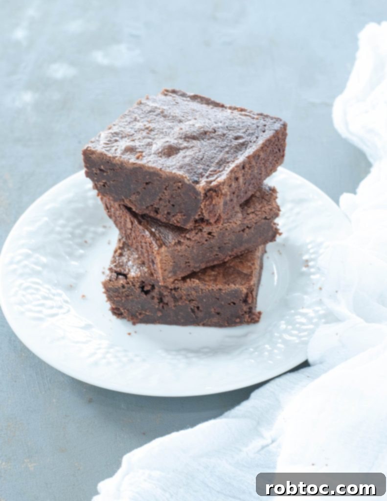 Fudgy Gluten-Free Dairy-Free Brownies 6 three-gluten-free-dairy-free-brownies-stacked-on-a-white-plate