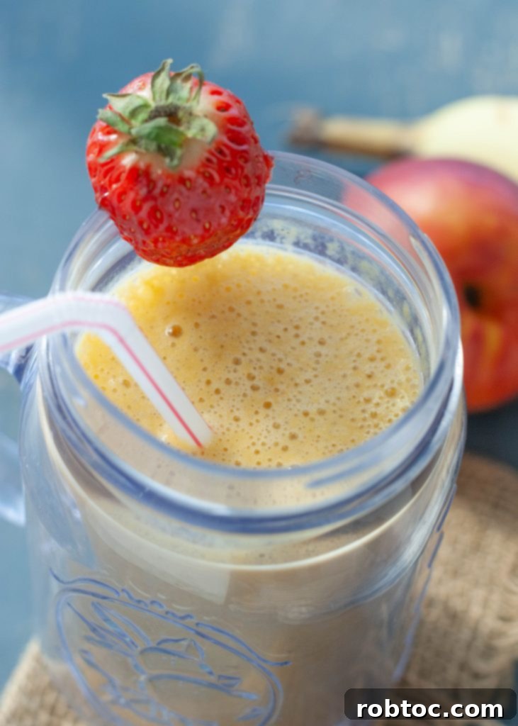 Visual guide showing how to make a peach smoothie without milk, emphasizing the dairy-free process.