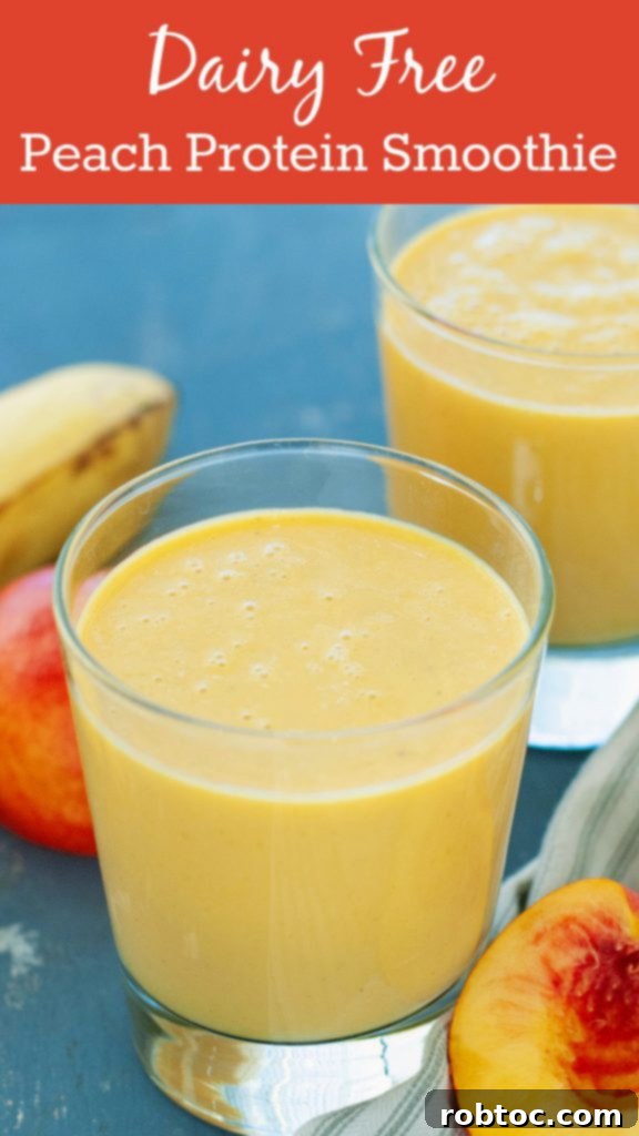 Pinterest image for a peach protein smoothie recipe by Allergy Awesomeness