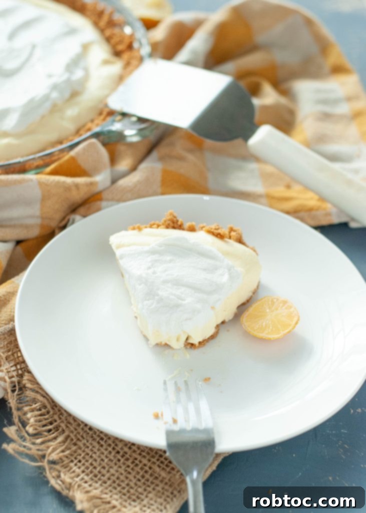 Close-up shot of a slice of gluten-free dairy-free lemon cream pie, showing its fluffy filling and golden brown crust.