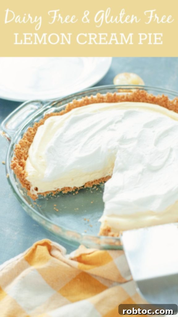 Pinterest-ready image for Gluten-Free Dairy-Free Lemon Cream Pie recipe, inviting users to save and explore more allergy-friendly desserts.