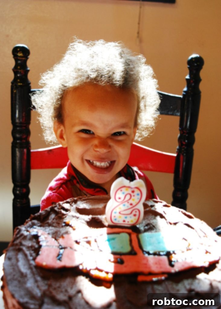 Velvet Smooth Dairy-Free Chocolate Frosting 5 Happy two-year-old boy enjoying birthday cake