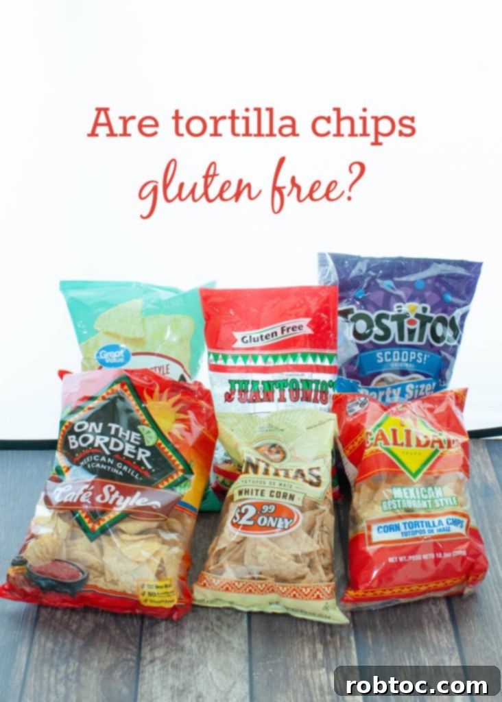 Gluten-Free Tortilla Chips What You Need to Know 2 are tortilla chips gluten free text with various bags of different brands below